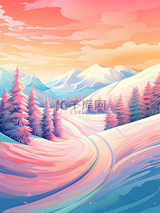 阳光绚丽插画图片_雪地雪山美丽绚丽的日落9