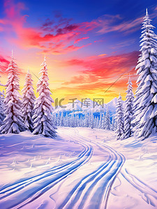 阳光绚丽插画图片_雪地雪山美丽绚丽的日落2