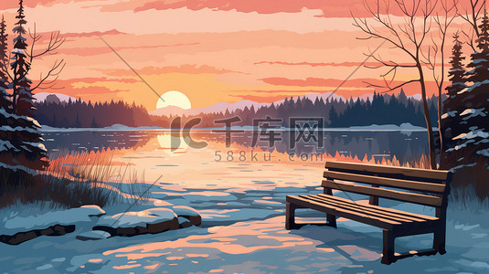 湖边日落插画图片_日落时在湖边有一张长椅5