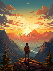 英雄雕像插画图片_山顶看山上的日出10