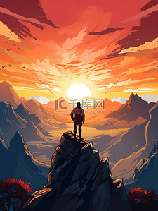 英雄雕像插画图片_山顶看山上的日出11