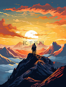 英雄雕像插画图片_山顶看山上的日出20