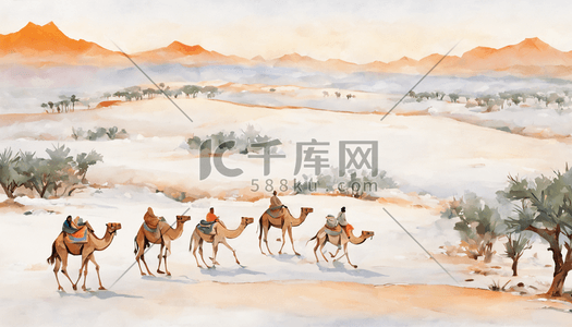 白天插画图片_沙漠绿洲插画风景白天日出风景骆驼旅行者