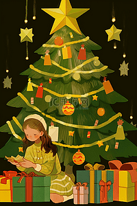 手绘红色卡通数字插画图片_圣诞节圣诞树手绘女孩卡通元素