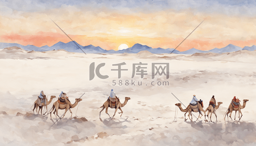 沙漠绿洲插画风景白天日出风景骆驼旅行者