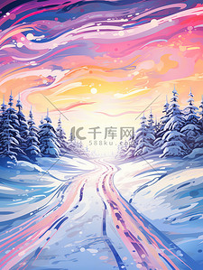 阳光绚丽插画图片_雪地雪山美丽绚丽的日落12