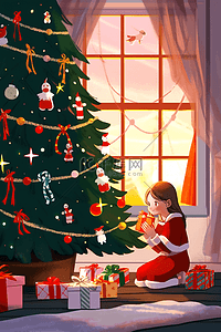圣诞新年可爱女孩礼物手绘插画海报