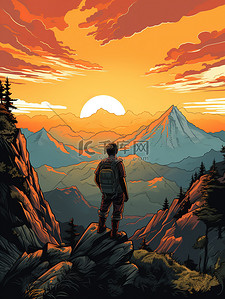 英雄雕像插画图片_山顶看山上的日出12