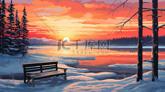 湖边日落插画图片_日落时在湖边有一张长椅18