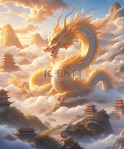 中国龙盘旋山水风景云雾金色欢乐插画