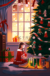 圣诞可爱女孩礼物手绘插画海报新年
