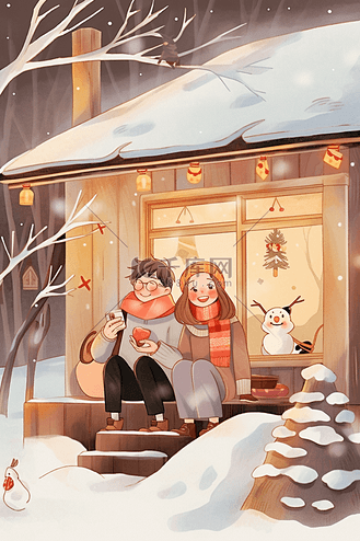 手绘冬天情侣在屋外赏雪插画