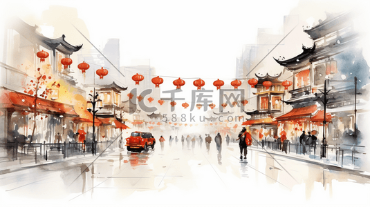 中国风水墨年货大街插画19