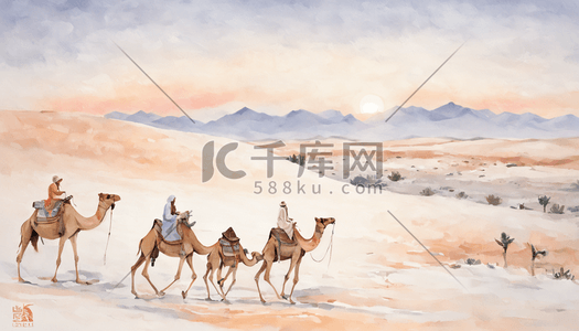 沙漠绿洲插画风景白天日出风景骆驼