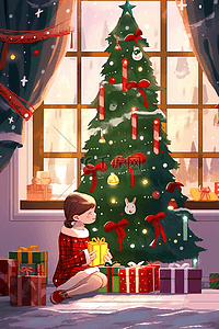 新年手绘圣诞可爱女孩礼物插画海报