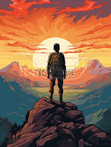 英雄雕像插画图片_山顶看山上的日出7