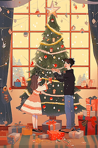 卡通圣诞节装饰插画图片_新年圣诞节装饰情侣手绘插画海报