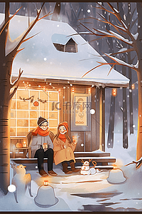冬天情侣在屋外赏雪手绘插画
