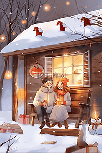 树上雪插画图片_情侣在屋外冬天赏雪手绘插画