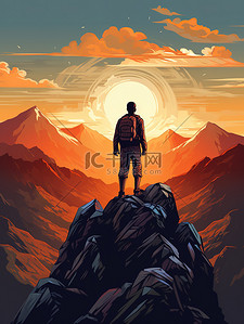 英雄雕像插画图片_山顶看山上的日出18
