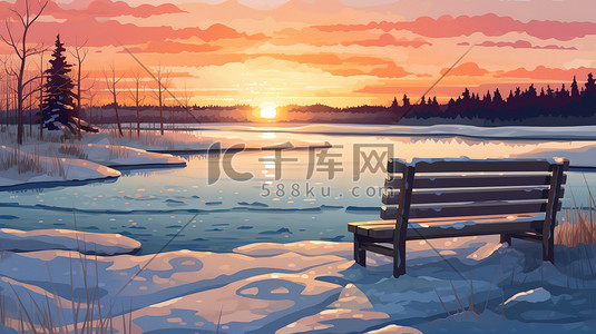 湖边日落插画图片_日落时在湖边有一张长椅16