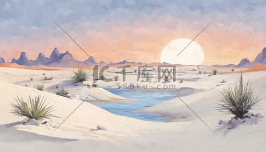 沙漠绿洲插画风景白天日出风景