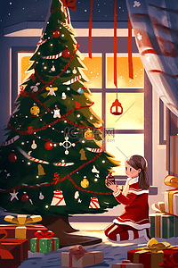 圣诞可爱女孩礼物手绘新年插画海报