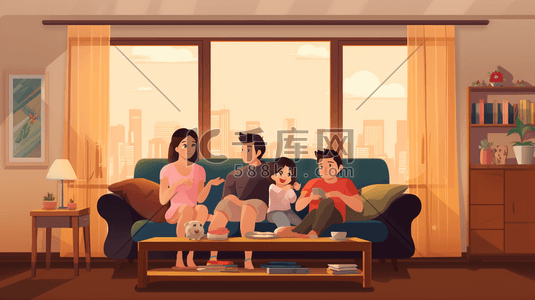 一家人爸爸妈妈父母孩子客厅沙发亲子欢聚时光阖家欢乐插画人物