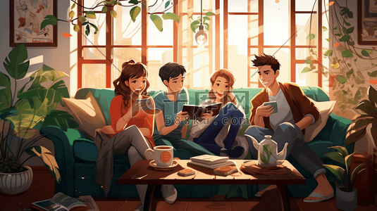青年人沙发上看书学习喝茶聚会人物插画