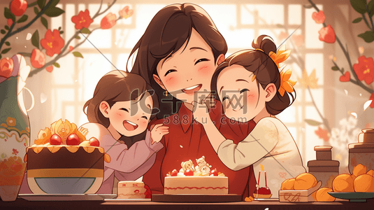 妈妈孩子庆祝生日节日人物插画