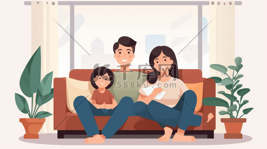 欢聚时光全家人一起坐在客厅沙发上亲子插画