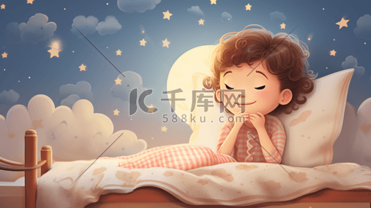 思考话框插画图片_躺在床上思考的小朋友小男孩孩子被子睡觉星星白云月亮插画