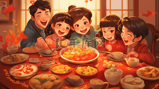 吃饭元旦家人团聚喜庆手绘插画中国风美食聚餐人物
