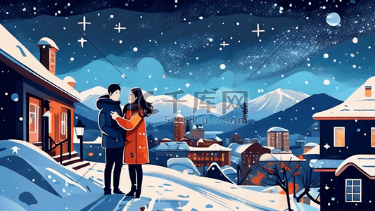 情侣女孩户外冬天风景平面插画唯美自然