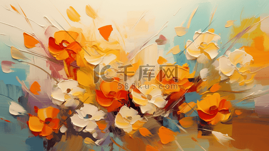 秋天五彩斑斓鲜艳抽象花朵油画插画背景