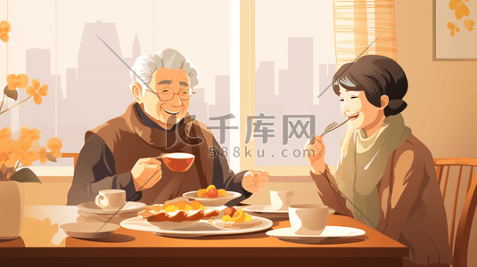 和谐家园插画图片_老年夫妻用餐聊天和谐美食插画人物