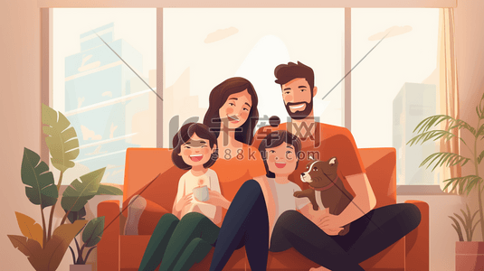 爸爸妈妈父母孩子客厅沙发亲子欢聚时光阖家欢乐一家人插画人物