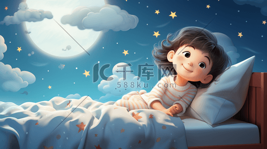 月亮上睡觉插画图片_躺在床上玩耍的小朋友小女孩孩子被子睡觉插画