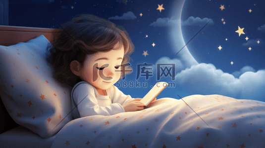 白云月亮插画图片_躺在床上看书的小朋友小男孩孩子被子睡觉星星白云月亮插画