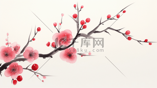 中国风花朵水墨插画图片_红色水墨画中国风梅花腊梅花朵插画