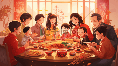 中国风新年家人团聚喜庆团圆吃饭开心喜庆插画人物