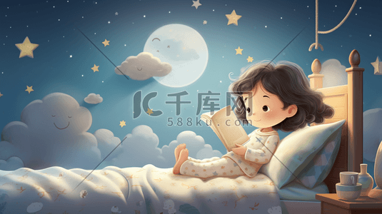 床上看书插画图片_躺在床上看书的小朋友小男孩孩子被子睡觉星星白云月亮插画