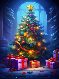 冬天浪漫唯美插画图片_圣诞树礼物节日圣诞节冬天冬季