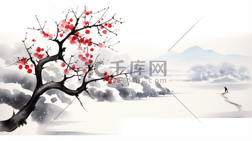中国风红色水墨画梅花含苞欲放手绘插画冬天冬季