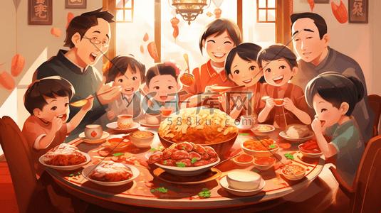 聚餐吃饭插画图片_中国风新年家人庆祝团聚喜庆团圆吃饭开心喜庆插画人物