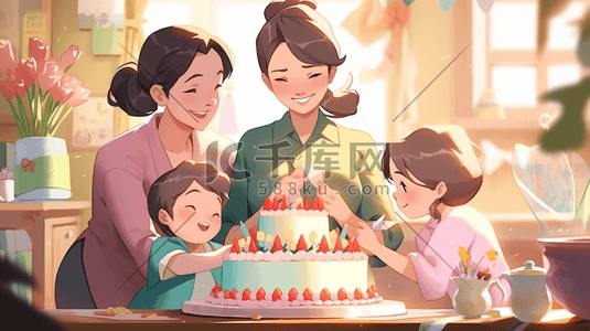 大人孩子在生日蛋糕前过生日插画背景
