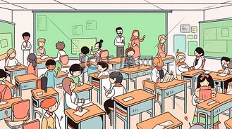 教室里学生在讨论上课插画