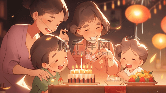 小朋友过生日插画图片_几何插画风格的家人孩子在生日蛋糕前过生日
