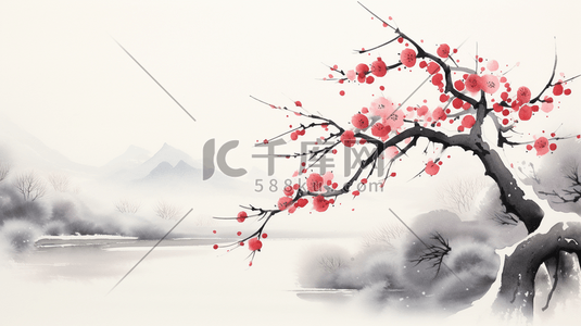 中国风手绘山水插画图片_中国风手绘水墨鲜花梅花树枝素材