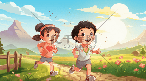 儿童在田野里奔跑开心童真人物插画